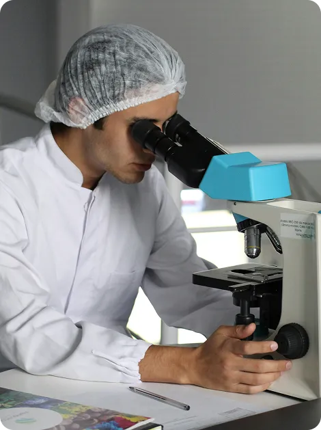 Scientist examining a sample under a microscope